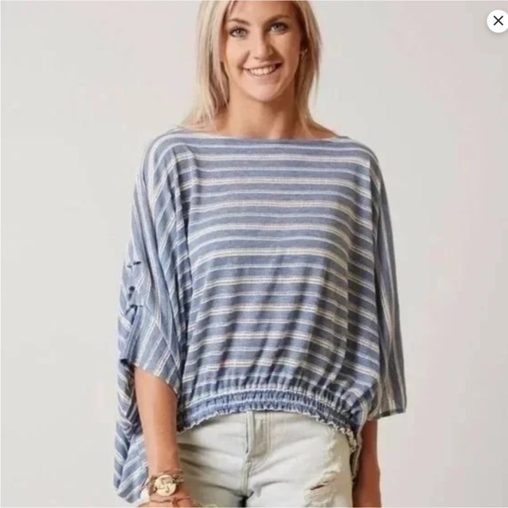 Free People Blue and White Striped Boatneck Dolman Top